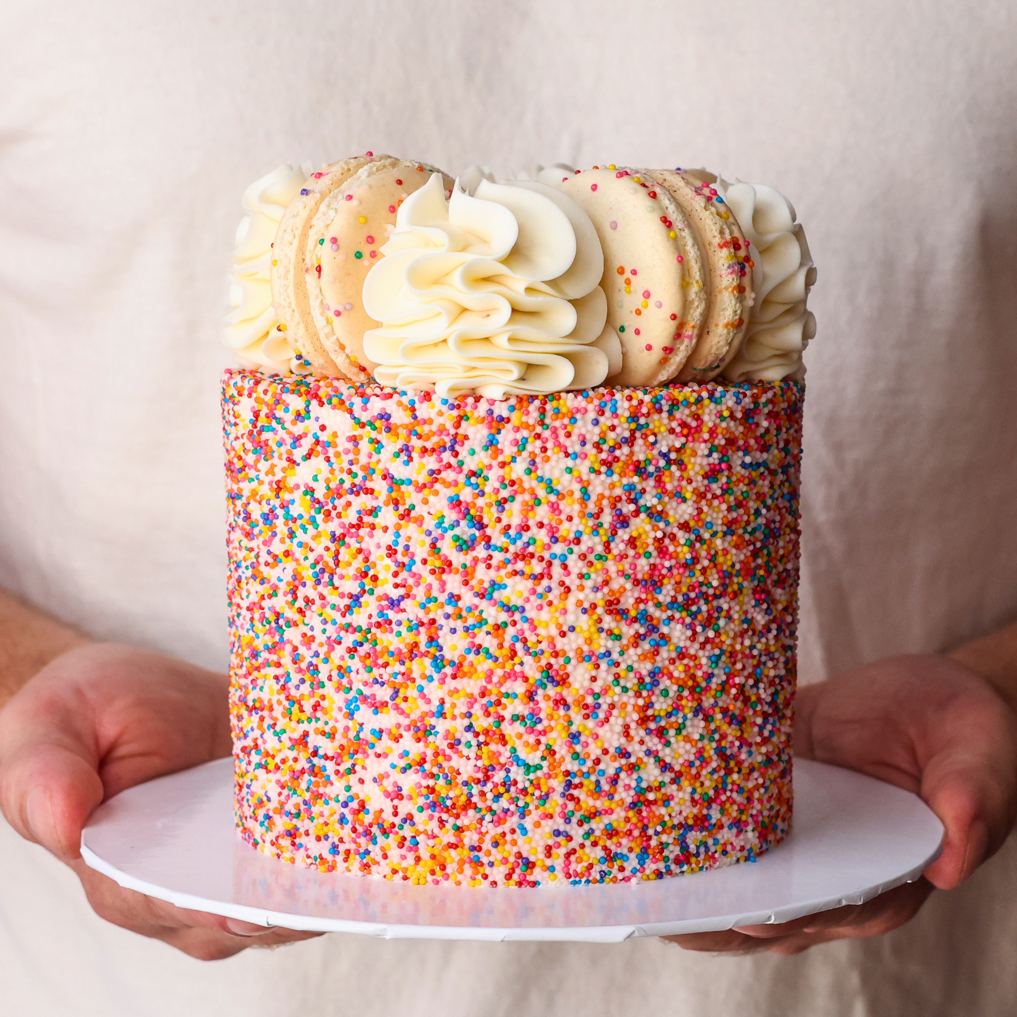 Colorful sprinkles cake held by a person against a neutral background