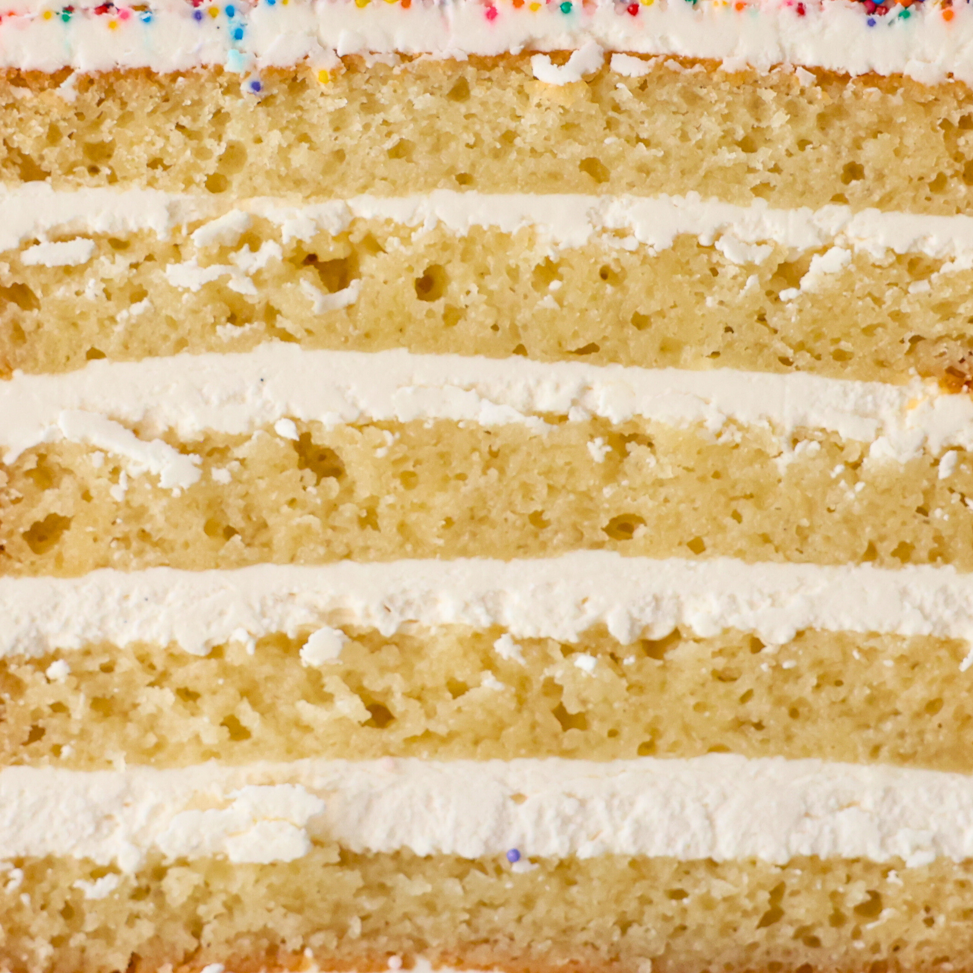 Close-up of a layered cake with white frosting and colorful sprinkles on top.