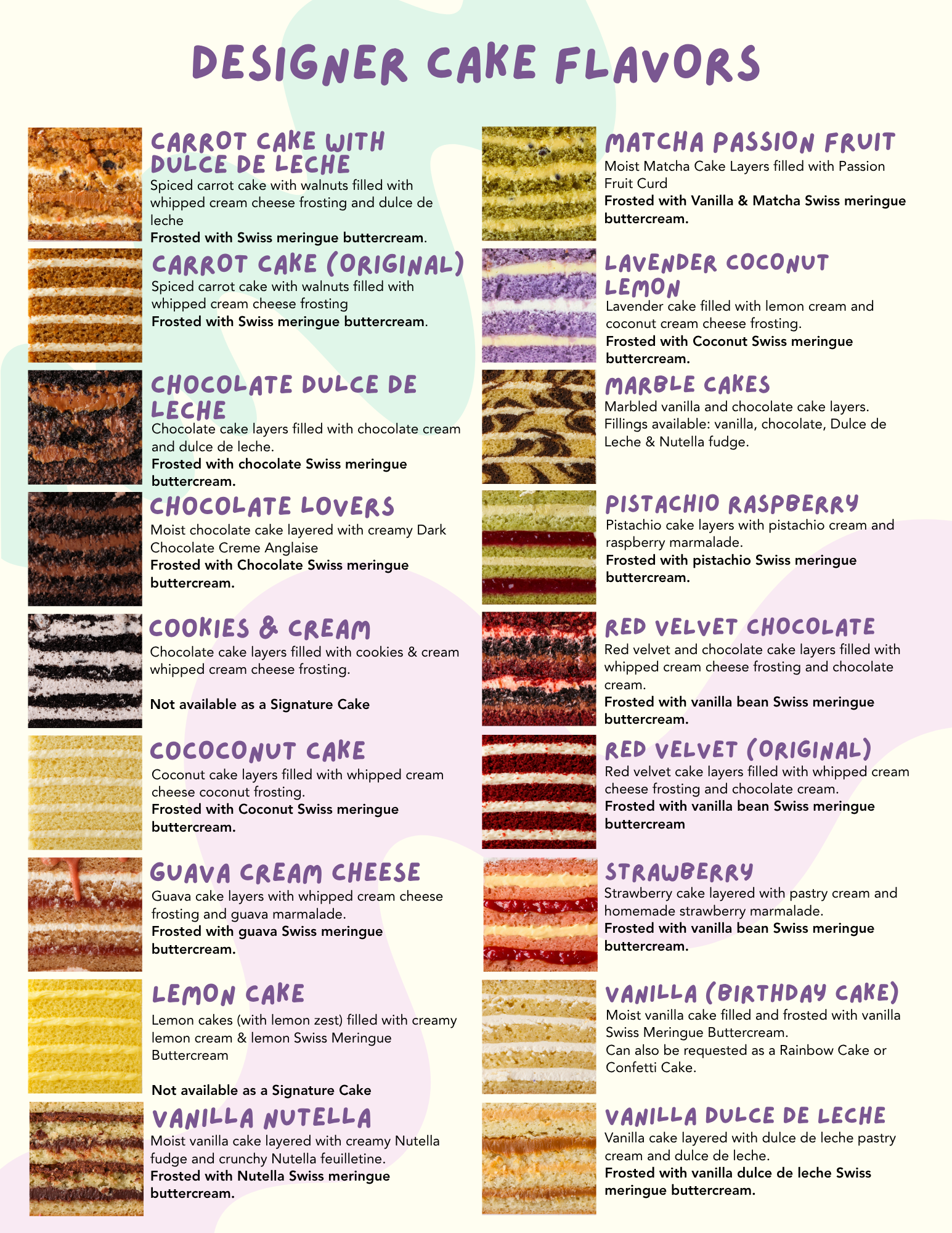 Chart of Designer Cake Flavors with images and descriptions