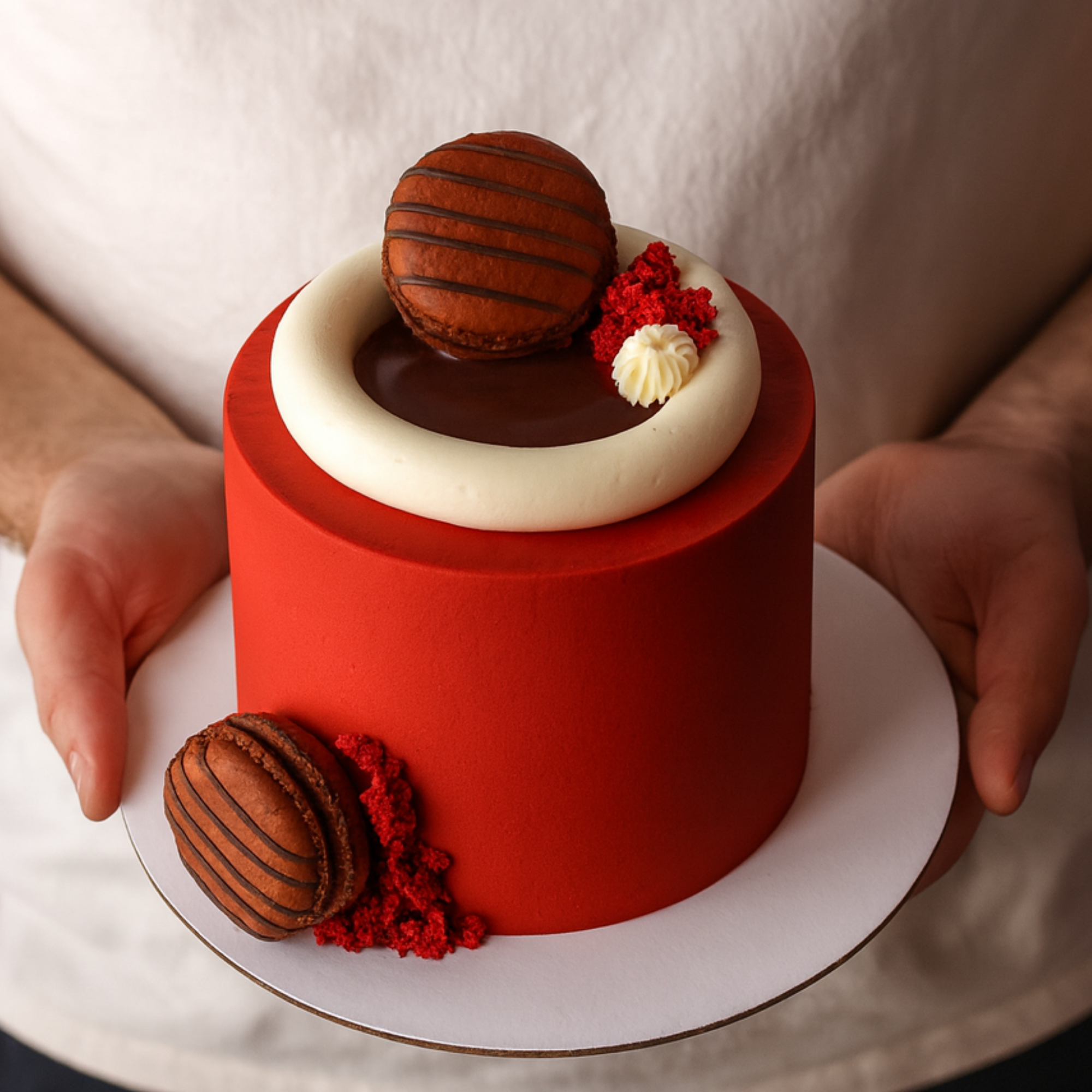 Red cake with chocolate decorations on a white plate held by a person
