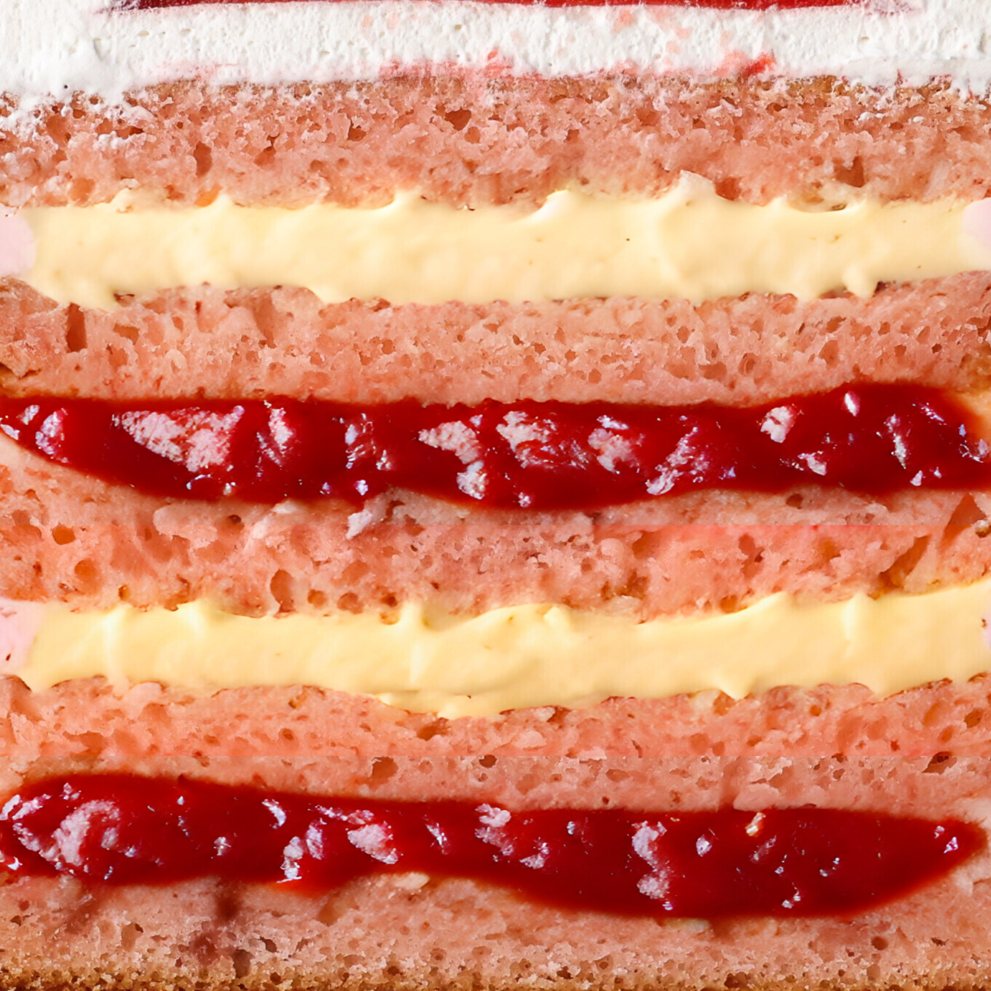 Close-up of a layered cake with pink sponge, white cream, and red jam