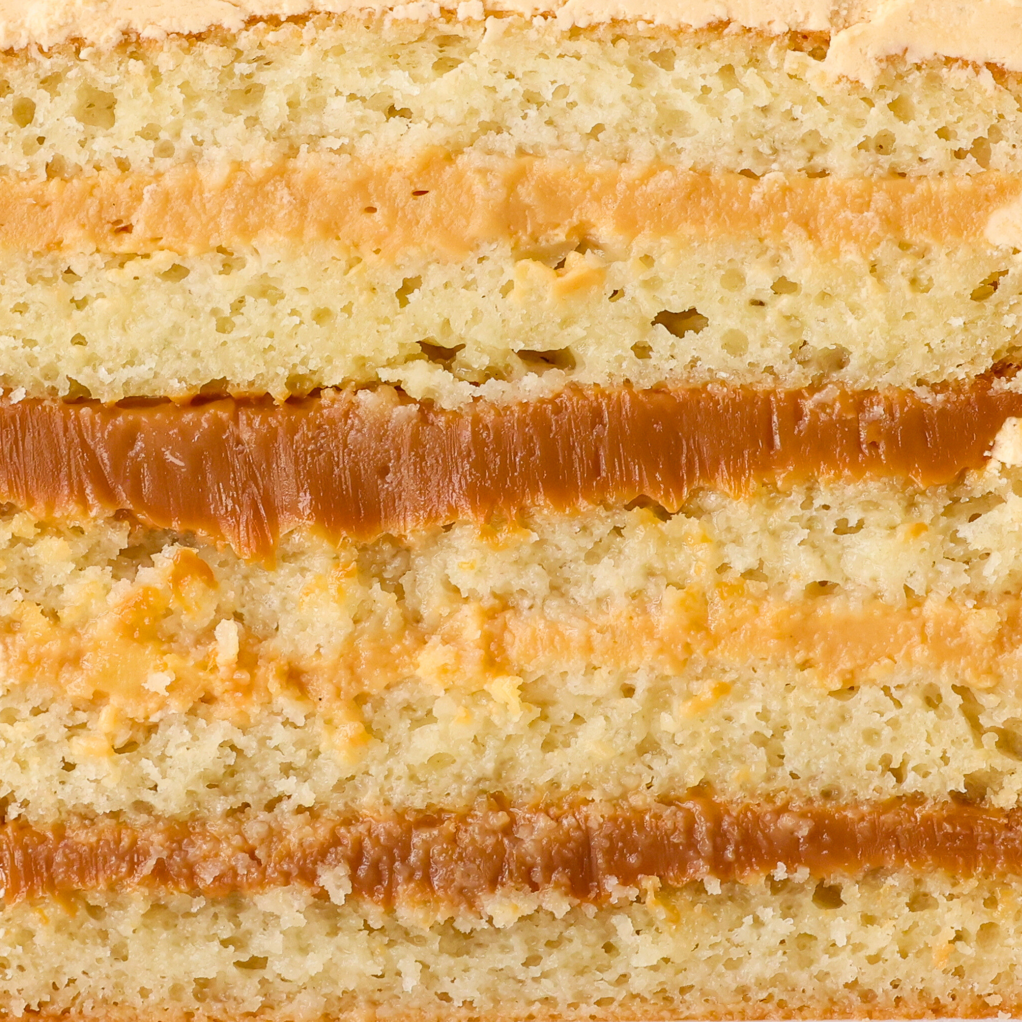 Close-up of a layered cake with dulce de leche filling